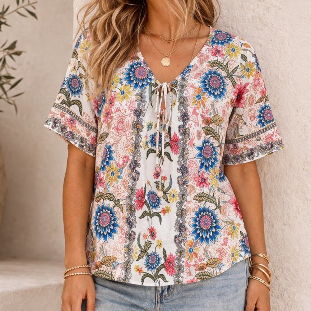 Show Me Your Mumu Floral Blouse‎ Medium Oversized Boho Tie Neck Cottage Vacation